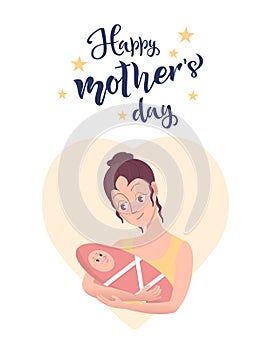 Happy Mother`s day card, background. Mother and baby. Vector illustration with beautiful woman and child