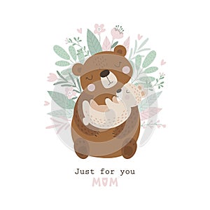 Happy Mother`s Day card with cute bear. Vector illustration