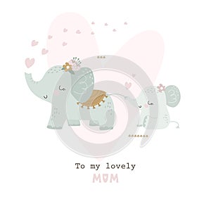 Happy Mother`s Day card with cute cartoon elephant. Vector illustration