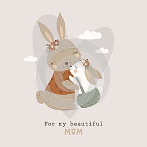 Happy Mother`s Day card with cute rabbit. Vector illustration