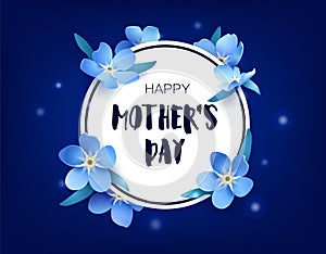 Happy Mother`s day card with forget-me-not and flares on dark background. Vector floral banner