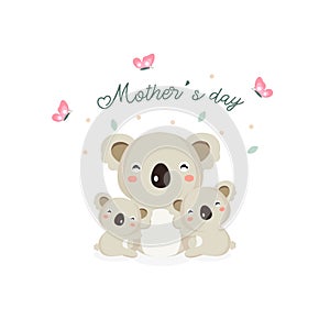 Happy Mother`s day card. Mother Koala hugging her baby.