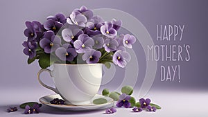 Happy Mother`s Day card with text and purple garden viola flowers.