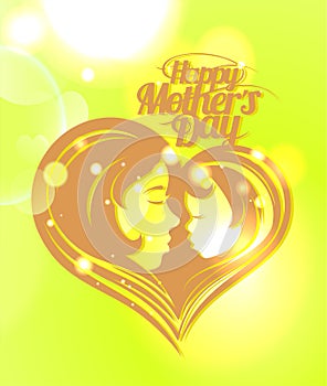 Happy Mother`s day card vector design template with mother and child heart shaped silhouettes emblem