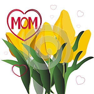 Happy mother s day card with yellow tulips on background. Beautiful spring greeting card. Vector illustration