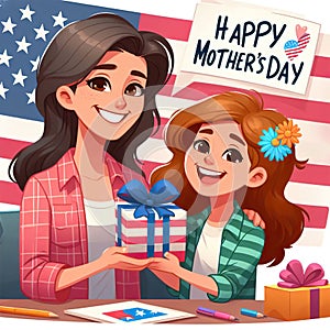 Happy Mother\'s Day cartoon image. Daughter giving her mother a gift