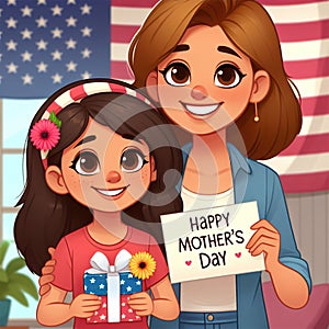 Happy Mother\'s Day cartoon image. Daughter giving her mother a gift