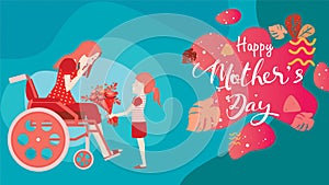 Happy mother`s day! Child daughter congratulates disabled mum in wheelchair and gives her flowers tulips. Colorful vector