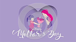 Happy mother`s day! Child daughter congratulates mom and gives her flowers tulips in frame of heart shape paper cut. Mum smiling
