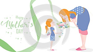 Happy mother`s day! Child daughter congratulates mom and gives her flowers tulips. Mum smiling and surprising. Colorful vector