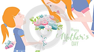 Happy mother`s day! Child daughter congratulates mom and gives her flowers tulips. Mum smiling and surprising. Colorful vector