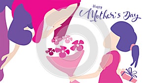 Happy mother`s day! Child daughter congratulates mom and gives her flowers tulips. Mum smiling and surprising. Vector illustratio