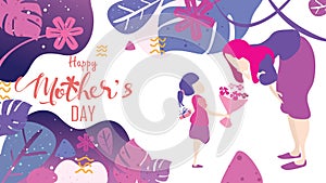 Happy mother`s day! Child daughter congratulates mom and gives her flowers tulips. Mum smiling and surprising. Vector illustratio