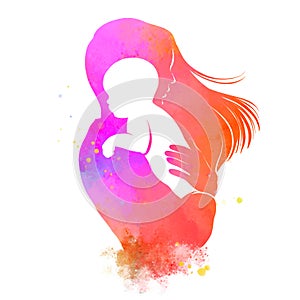 Happy mother`s day with clipping path. Side view of Happy mom holding her baby silhouette plus abstract watercolor painting.Happy