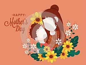 Happy mother`s day concept design with illustration of mother and son hug each other. child love for his mom, Brush abstract