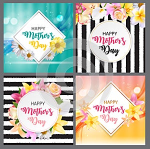 Happy Mother s Day Cute Background with Flowers Collection Set Cards. Vector Illustration