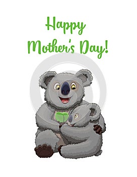 Happy Mother`s Day! Cute little koala congratulates his mother with a couple of leaves