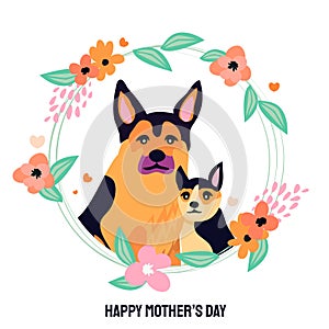 Happy Mother's day design with German shepherd dog and little baby puppy around her. For shepeard lovers every where