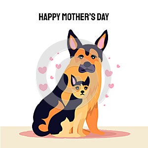 Happy Mother's day design with German shepherd full height dog and little baby puppy around her. For shepherd lovers