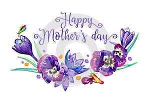 Happy Mother`s day design template with pansies and crocuses