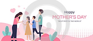 Happy mother`s day - father took the children to give flowers to the mother vector design