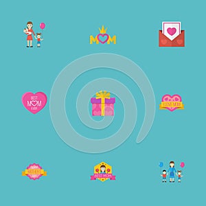 Happy Mother`s Day Flat Icon Layout Design With Design, Best Mother Ever And Woman Symbols. Lovely Mom Beautiful