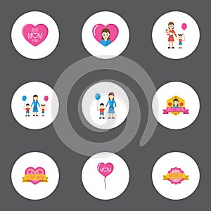 Happy Mother`s Day Flat Icon Layout Design With Heart, Emotion And Best Mother Ever Symbols. Lovely Mom Beautiful