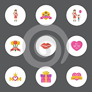 Happy Mother`s Day Flat Icon Layout Design With Present, Woman And Emotion Symbols.