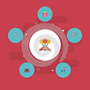 Happy Mother`s Day Flat Icon Layout Design With Tulips, Woman And Present Symbols. Lovely Mom Beautiful Feminine Design