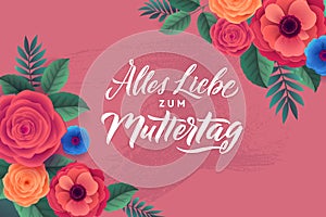 Happy Mother's Day Floral Greeting Card. German language. Anemone Flowers and Roses. Vector Illustration