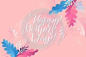 Happy Mother's Day Floral Greeting Card. Vector Branches and Leaves. Gentle Pink Colors