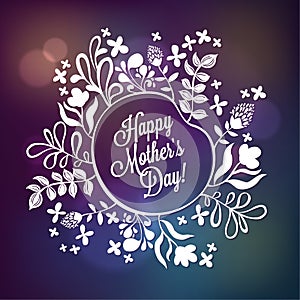 Happy Mother's Day Floral Wreath Blurred Background. Happy Mothers Day Typographical Background With Spring Flowers