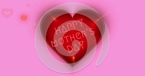 Happy Mother\'s day greeting animation with 3d animated hearts appearing randomly. Pulsating red heart. Neon Text