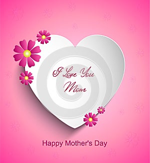 Happy Mother`s Day greeting card,  banner, poster, with white heart, pink spring flowers and text on isolated gradient background
