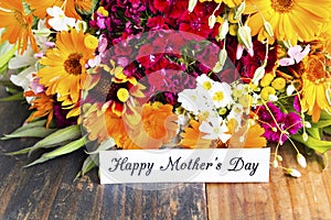 Happy Mother`s Day, Greeting Card, with Bouquet of Spring Flowers