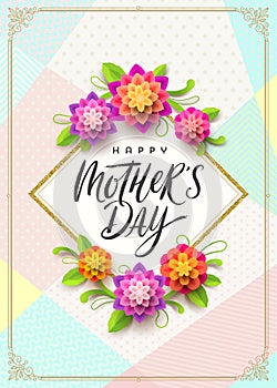Happy mother`s day - Greeting card. Brush calligraphy greeting and flowers on pattern background.