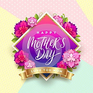 Happy mother`s day - Greeting card. Brush calligraphy greeting and flowers on a pattern background.