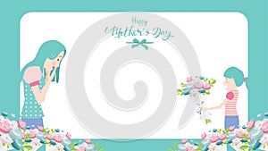 Happy mother`s day greeting card. Child daughter congratulates mom and gives her flowers tulips. Vector illustration flat design