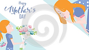 Happy mother`s day greeting card. Child daughter congratulates mom and gives her flowers tulips. Vector illustration flat design