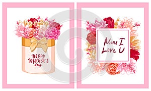 Happy Mother's Day Greeting Card. Composition with lettering and flowers, tulips, roses.