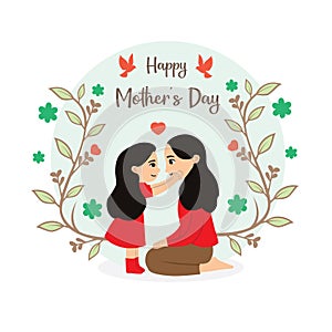 Happy mother's day greeting card with cute little girl kissing her mother