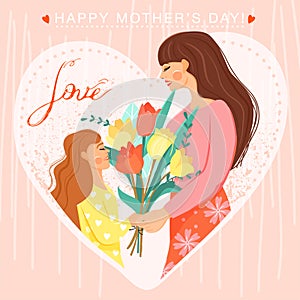 Happy motherÃ¢â¬â¢s day greeting card. Daughter giving to his mother bouquet of tulips. Heart shape composition.