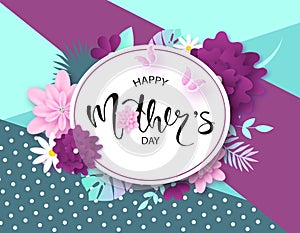 Happy Mother`s Day greeting card design with beautiful blossom flowers, butterflies and lettering. Design layout for