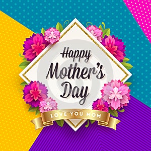 Happy mother`s day - Greeting card. Frame with greeting, flowers and golden ribbon on a pattern background.