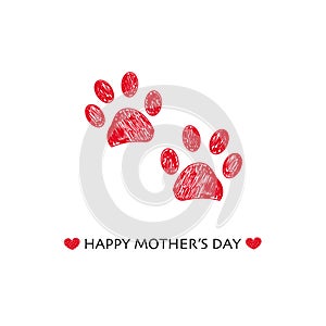 Happy Mother`s Day greeting card with hand drawn red colored paw prints vector illustration