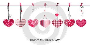 Happy Mother's day greeting card. Hanging cute valentine hearts vector background