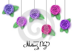 Happy mother`s day greeting card with hanging flowers.