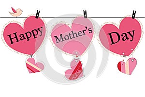Happy Mother's Day greeting card with hanging heart and i love you text vector background
