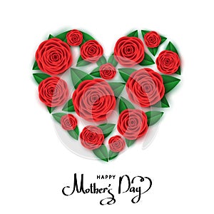 Happy mother`s day greeting card with heart of red roses.