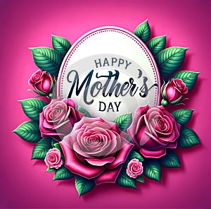 Happy Mother\'s Day greeting card with lush pink roses flowers and circular frame on red background